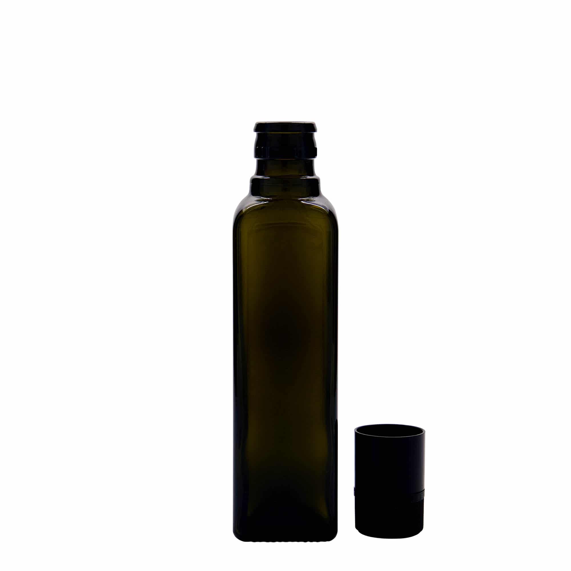 250 ml etikka-/öljypullo 'Quadra', lasi, neliö, antiikinvihreä, suu: DOP