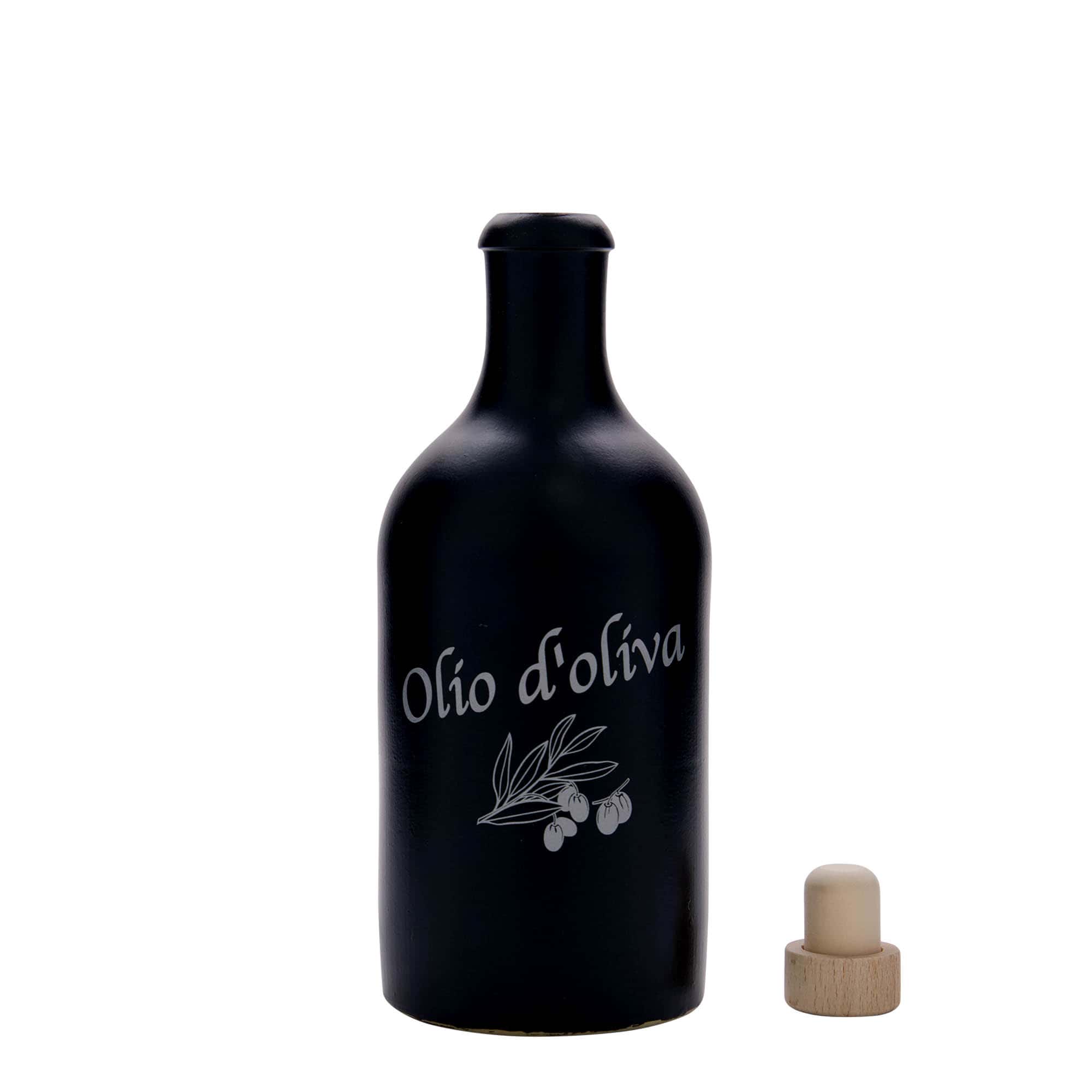 500 ml savituoppi, kuvio: Olio d'Oliva, keraaminen, musta, suu: korkki