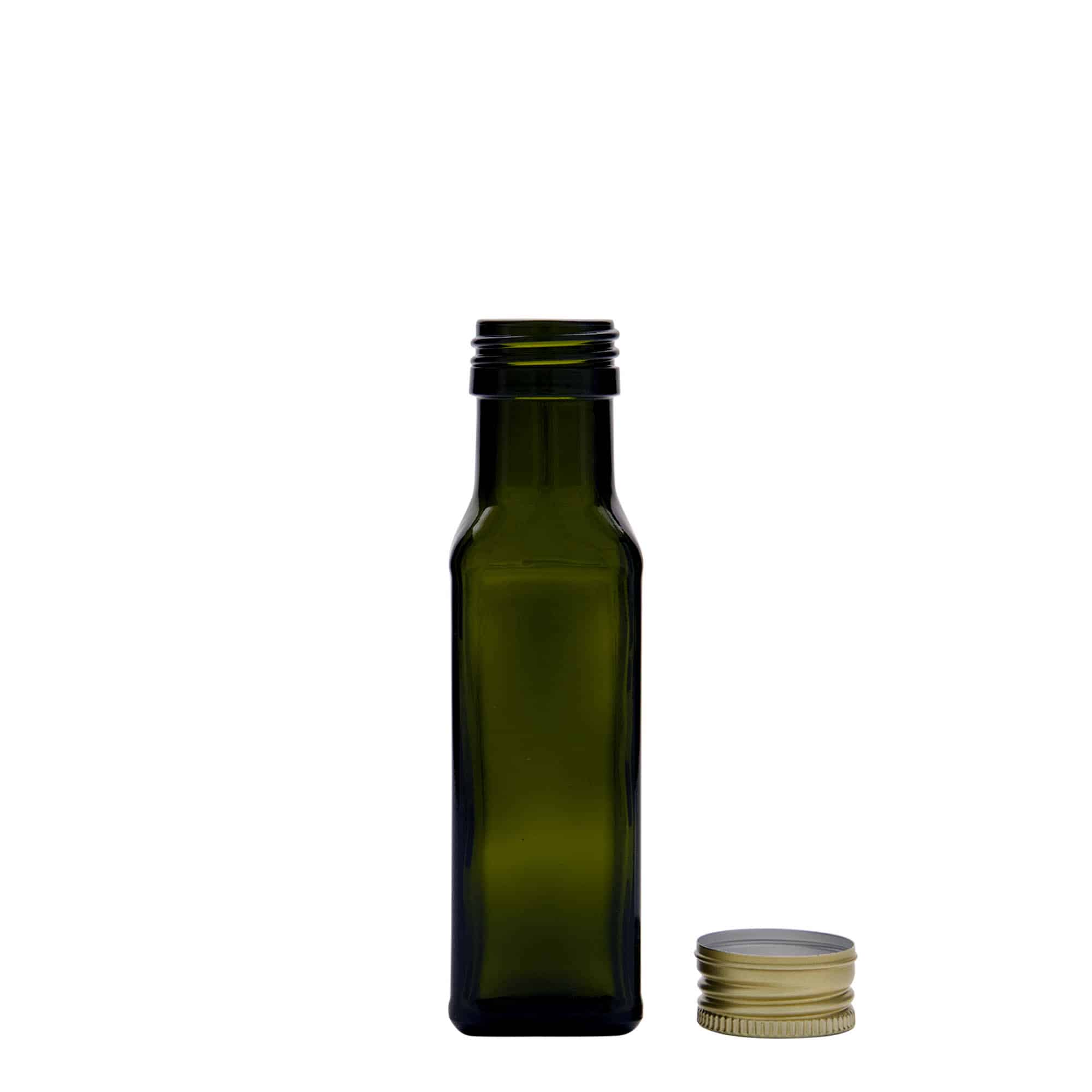 100 ml lasipullo 'Marasca', neliö, antiikinvihreä, suu: PP 31,5