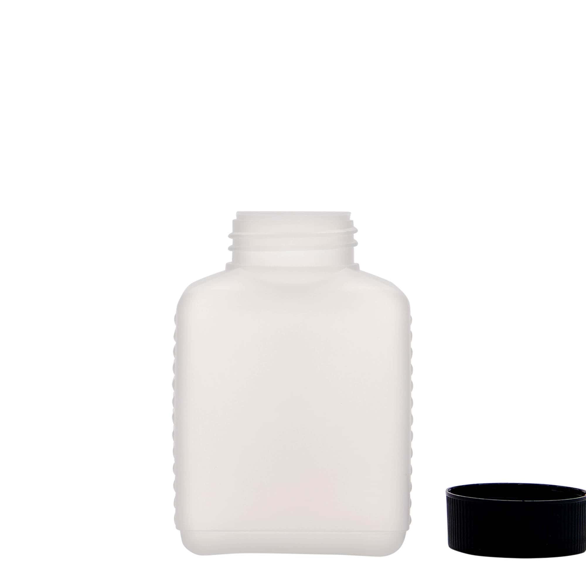 250 ml leveäkaul. pullo, nelikulm., HDPE-muovi, natur, suu: DIN 40 EPE