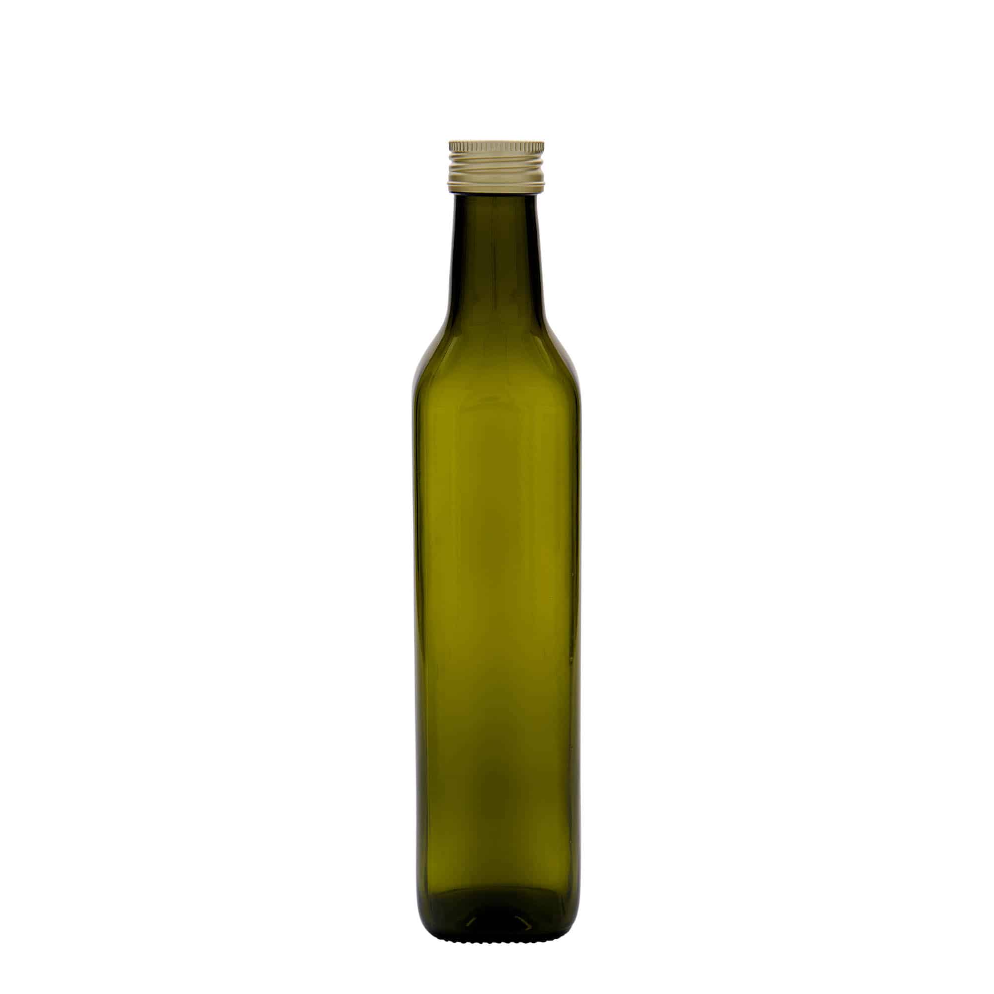 500 ml lasipullo 'Marasca', neliö, antiikinvihreä, suu: PP 31,5