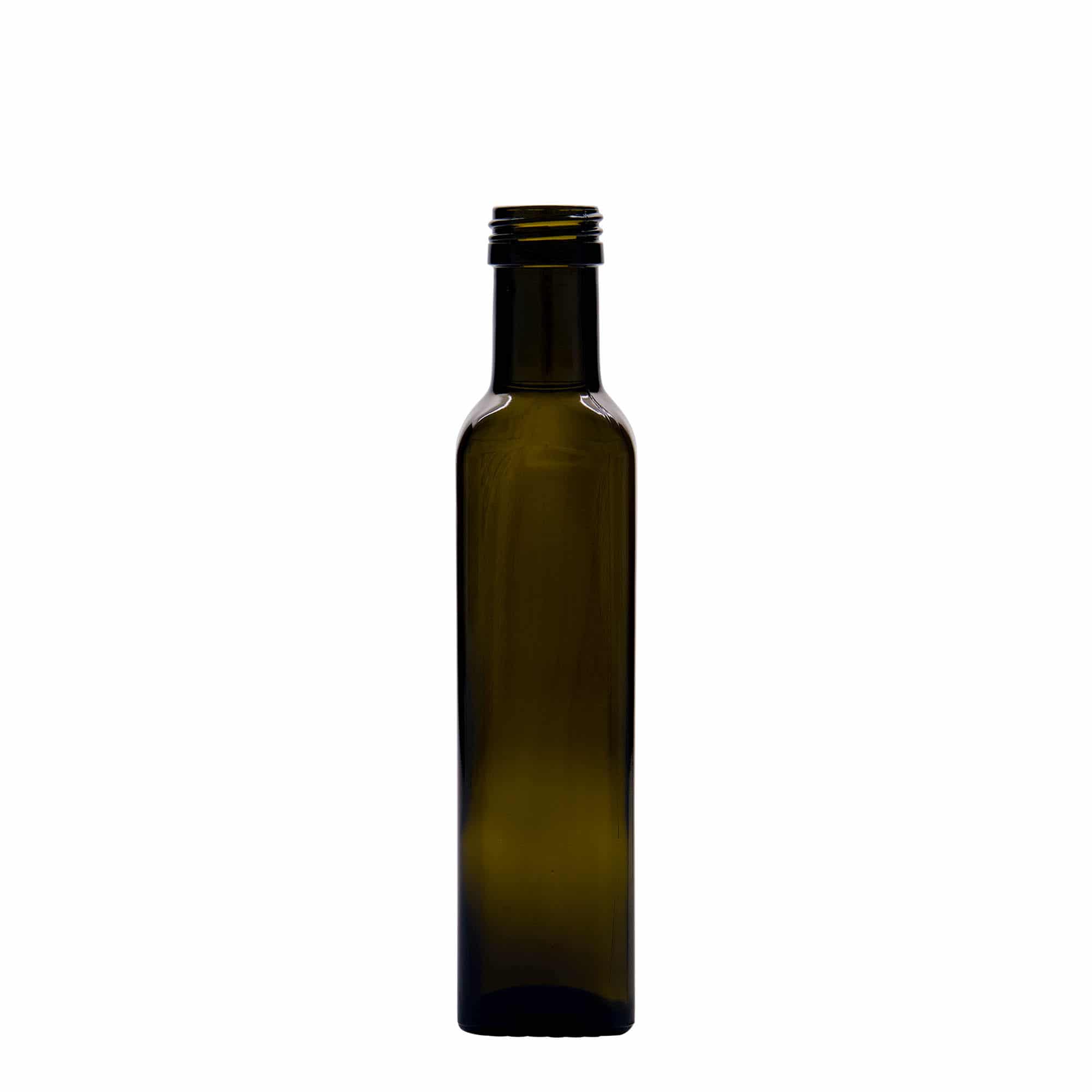 250 ml lasipullo 'Marasca', neliö, antiikinvihreä, suu: PP 31,5