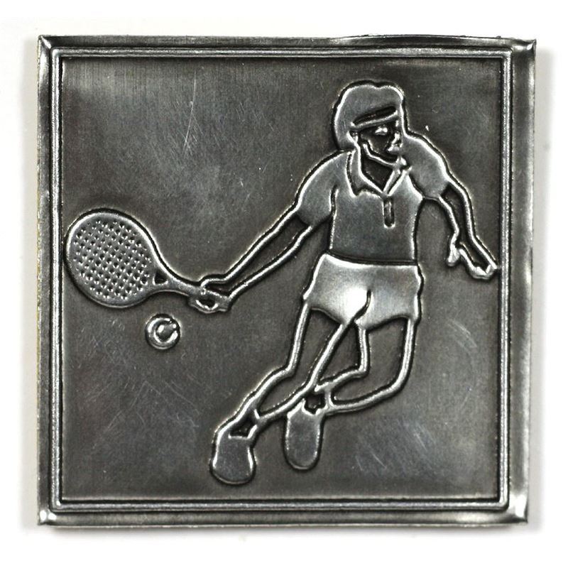 Tinaetiketti 'Tennis', neliö, metalli, hopea
