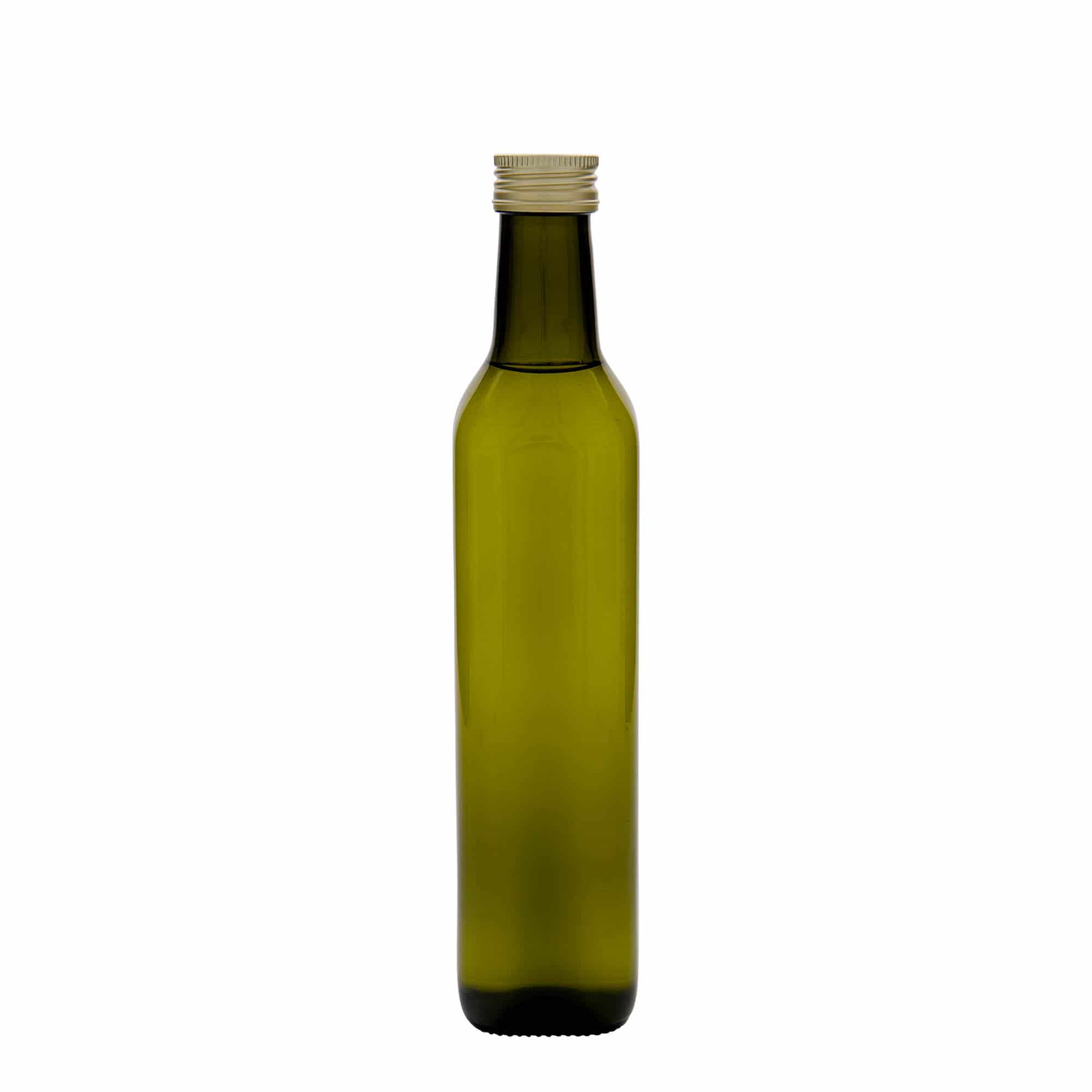 500 ml lasipullo 'Marasca', neliö, antiikinvihreä, suu: PP 31,5