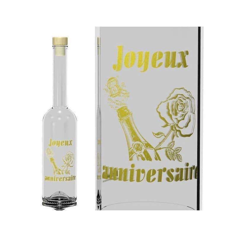 500 ml lasipullo 'Ooppera', kuvio: Joyeux Anniversaire, suu: korkki